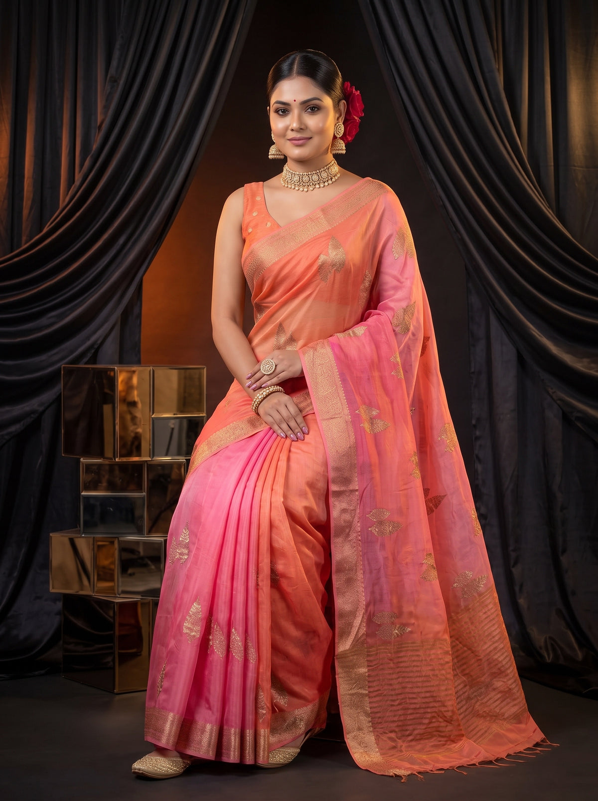 MIMOSA Gajari Jaipur Pure Viscose Chiffon Saree — pose 8 styling detail