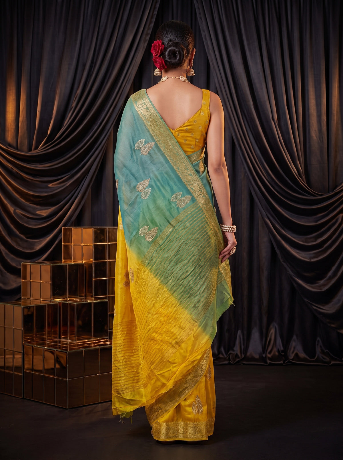 MIMOSA Mustard Jaipur Pure Viscose Chiffon Saree — saree shot pallu body