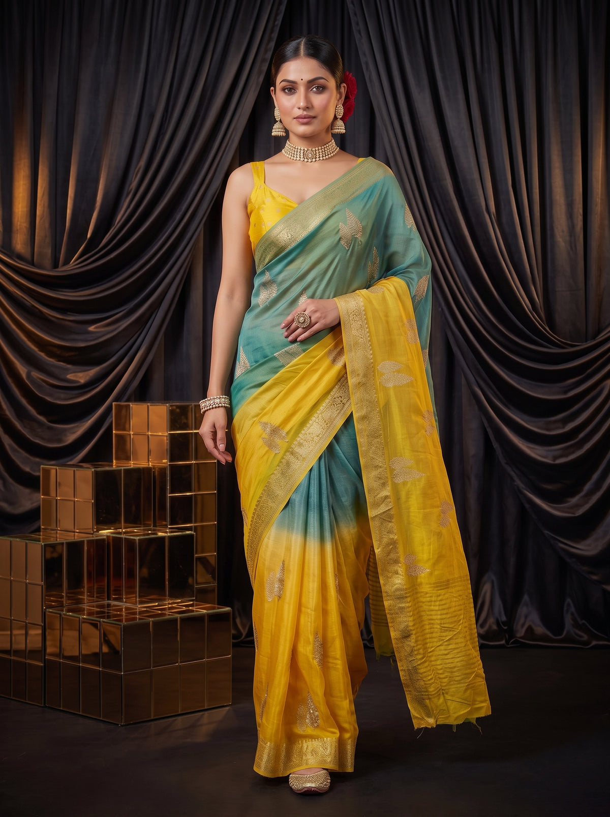 MIMOSA Mustard Jaipur Pure Viscose Chiffon Saree — pose 6 styling detail