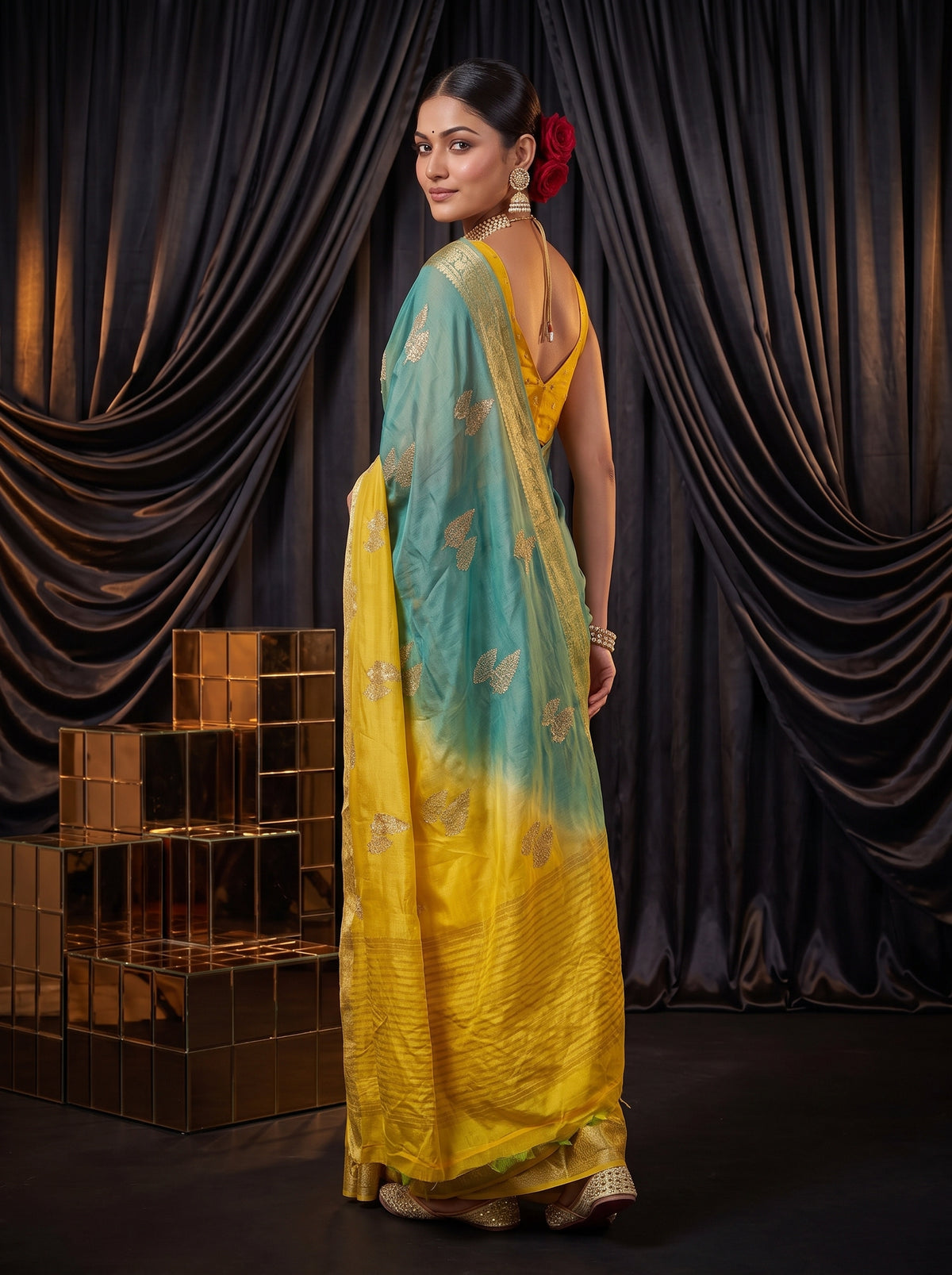 MIMOSA Mustard Jaipur Pure Viscose Chiffon Saree — pose 7 styling detail