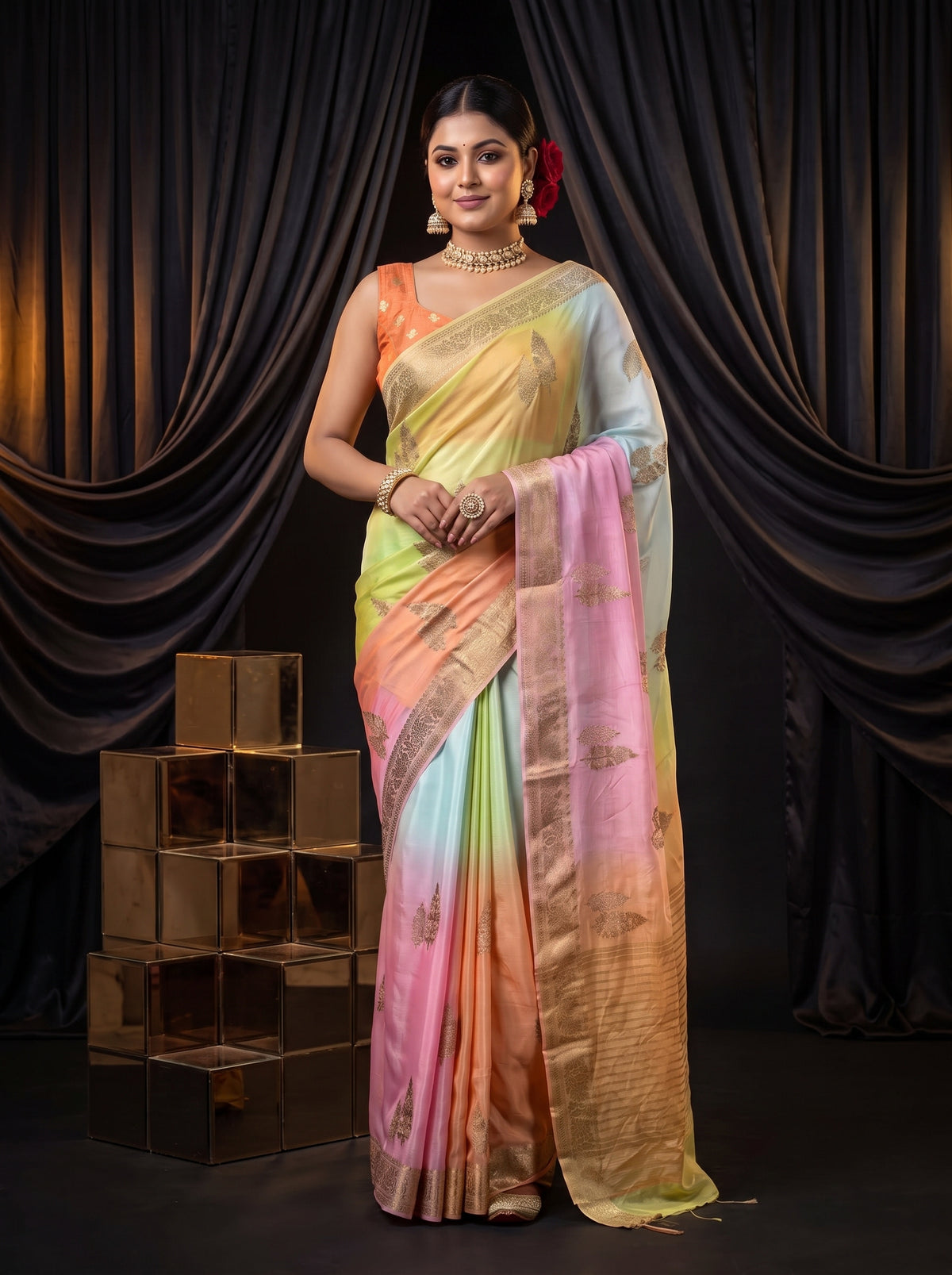 MIMOSA Pink Jaipur Pure Viscose Chiffon Saree — pose 5 styling detail