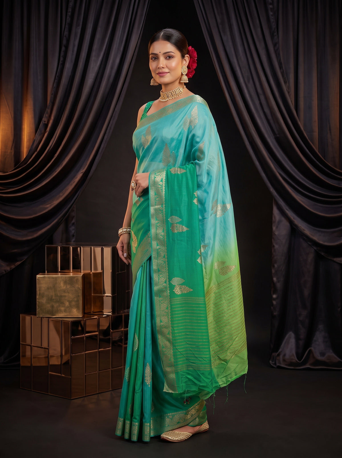 MIMOSA Rama Jaipur Pure Viscose Chiffon Saree — pose 3 styling detail