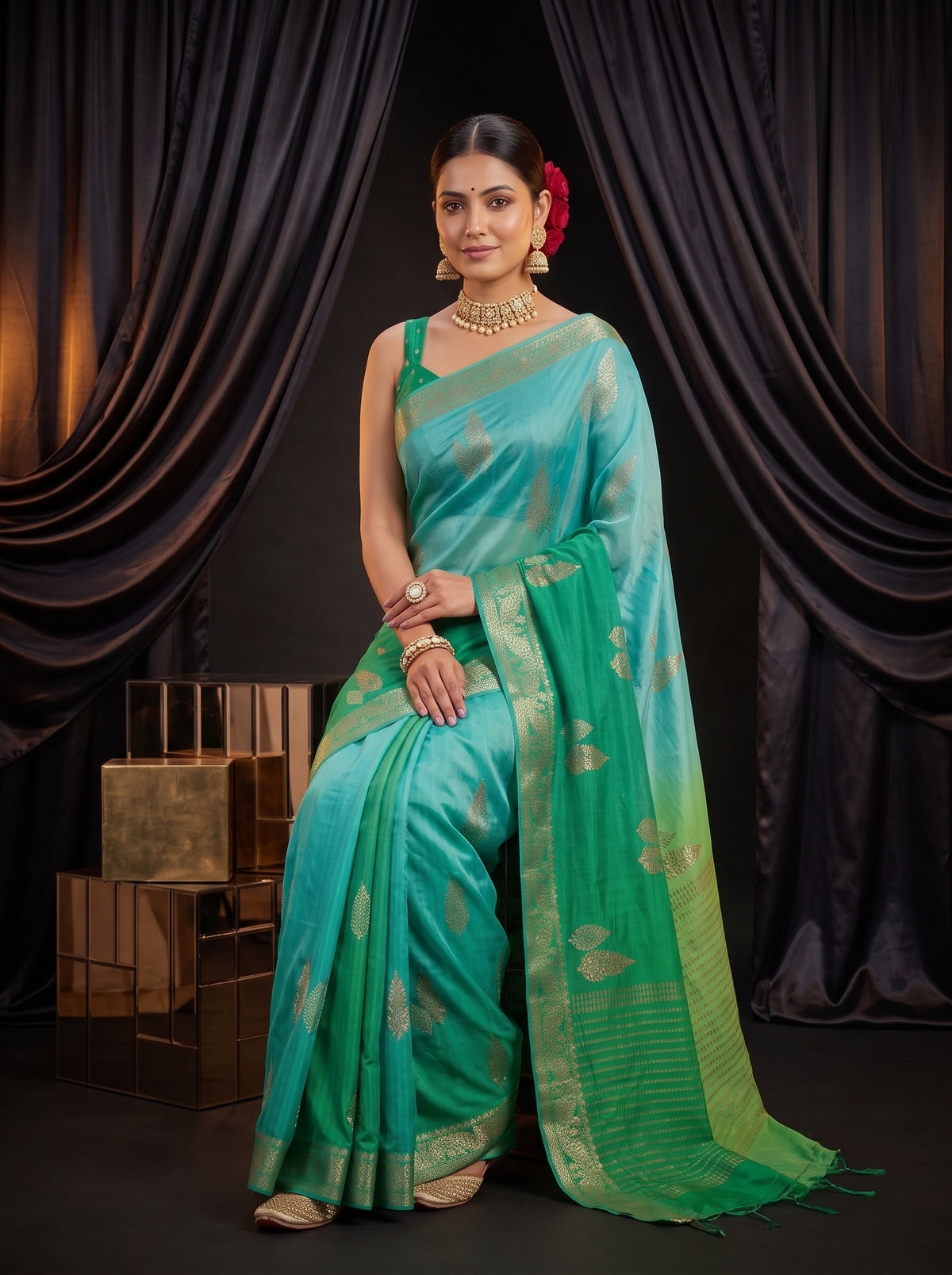 MIMOSA Rama Jaipur Pure Viscose Chiffon Saree — pose 8 styling detail