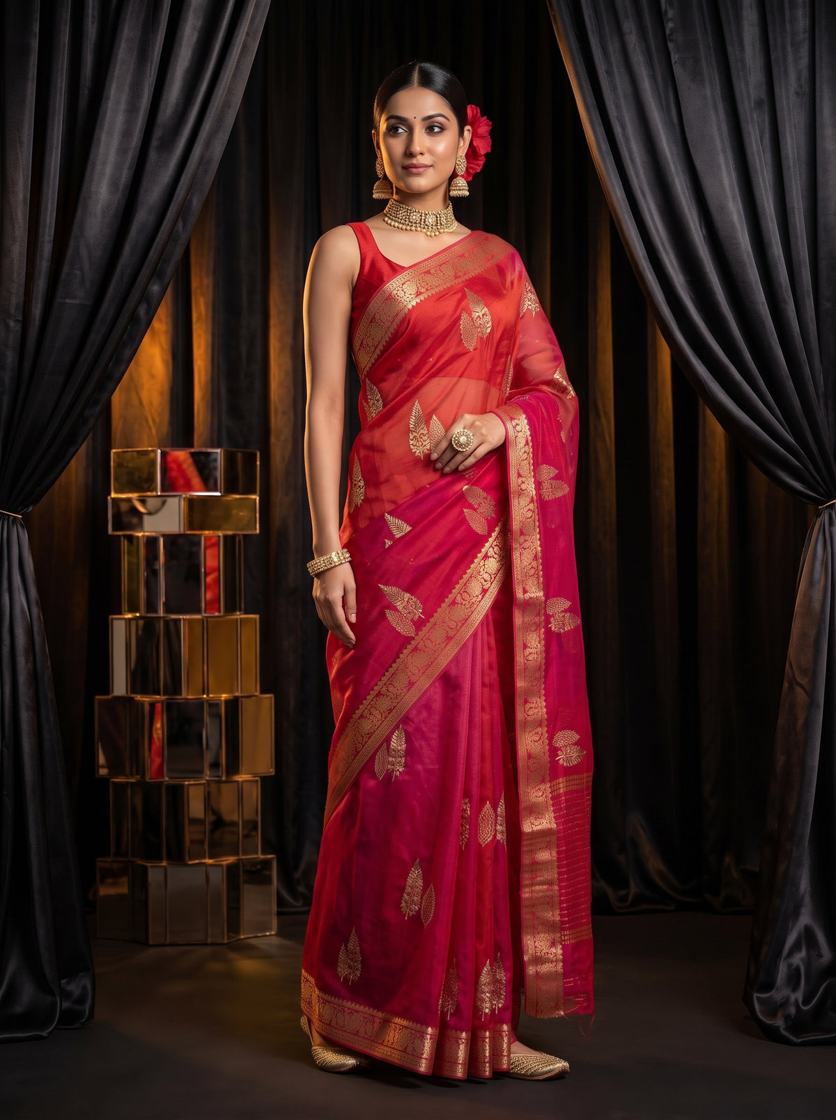 MIMOSA Strawberry Jaipur Pure Viscose Chiffon Saree — pose 5 styling detail