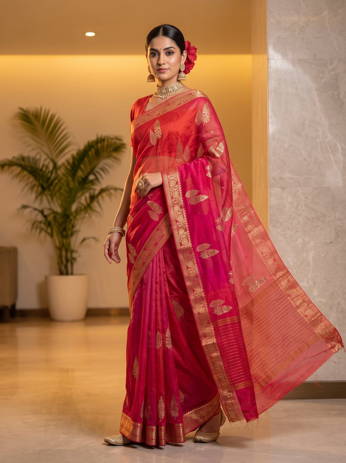 MIMOSA Strawberry Jaipur Pure Viscose Chiffon Saree — pose 9 styling detail