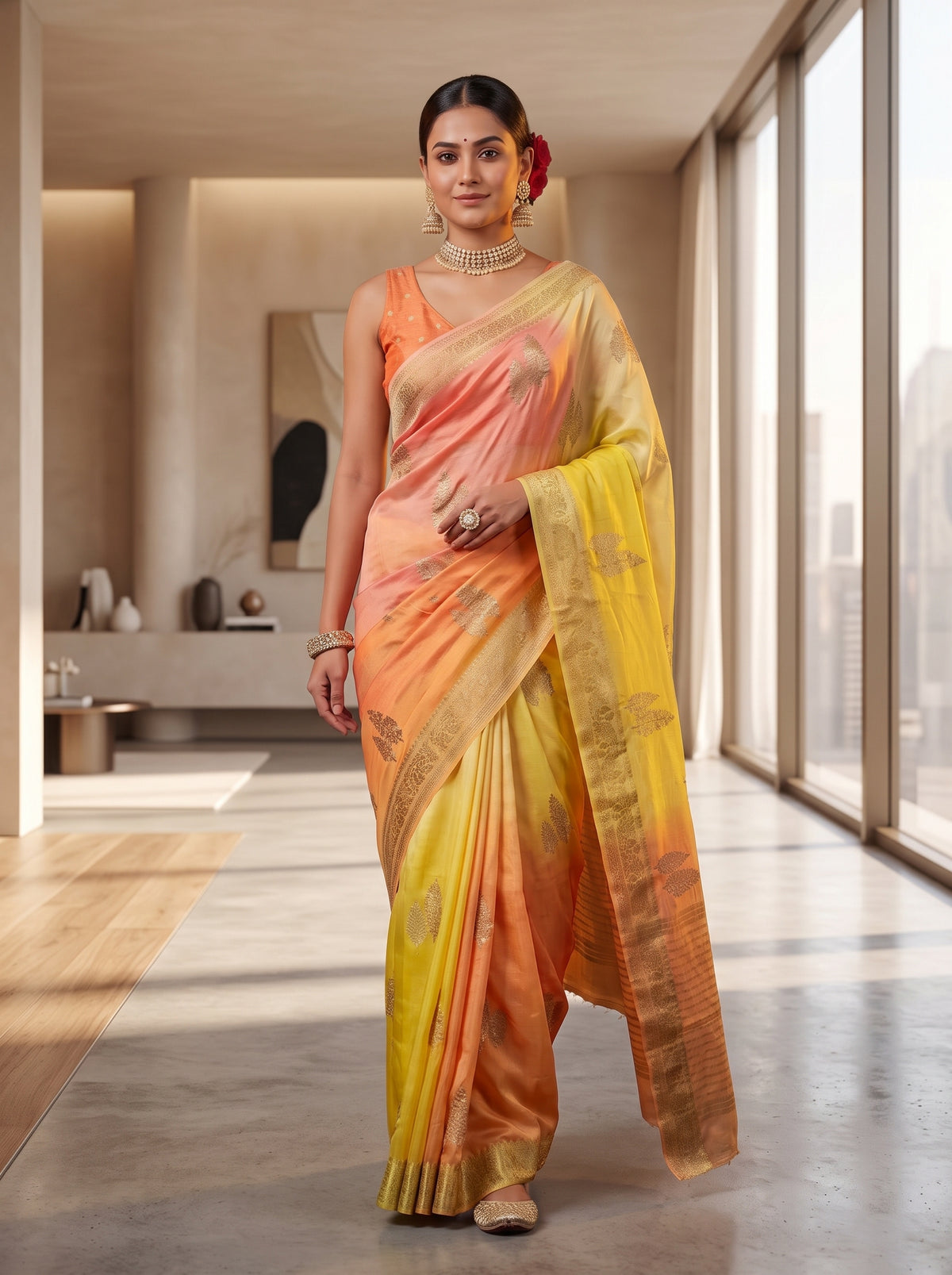 MIMOSA Yellow Jaipur Pure Viscose Chiffon Saree — pose 6 styling detail