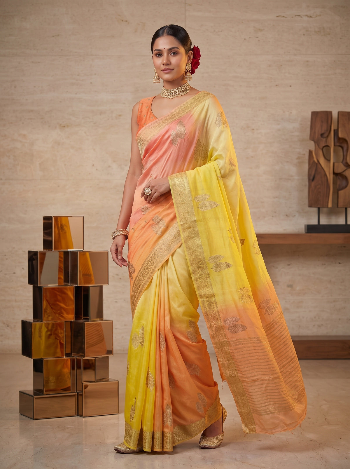 MIMOSA Yellow Jaipur Pure Viscose Chiffon Saree — pose 9 styling detail