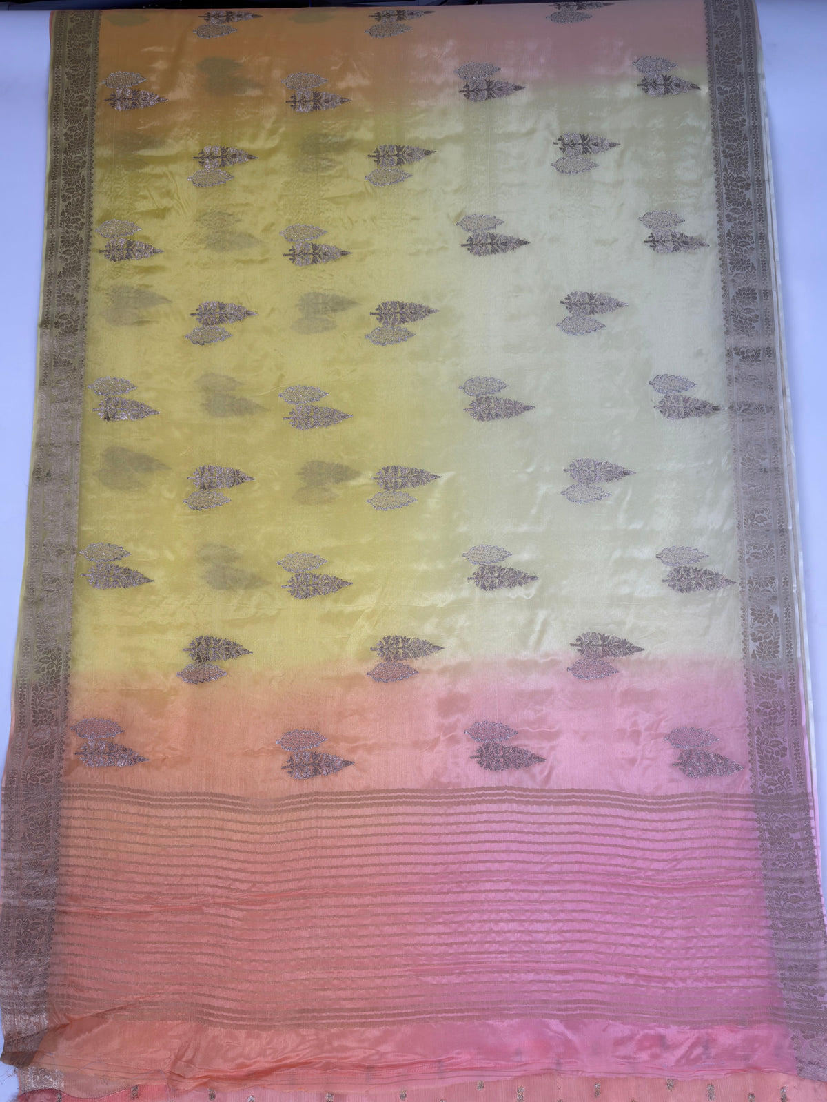 MIMOSA Yellow Jaipur Pure Viscose Chiffon Saree — pallu and zari work detail