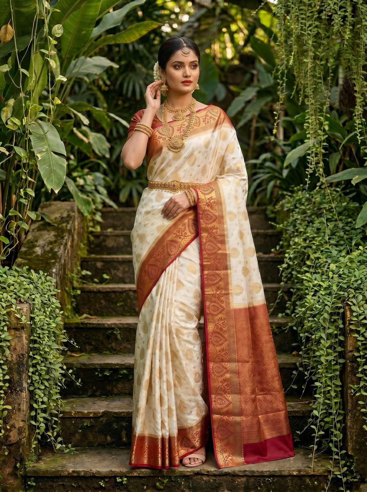 MIMOSA White Kanjivaram Saree — pose 8 styling detail