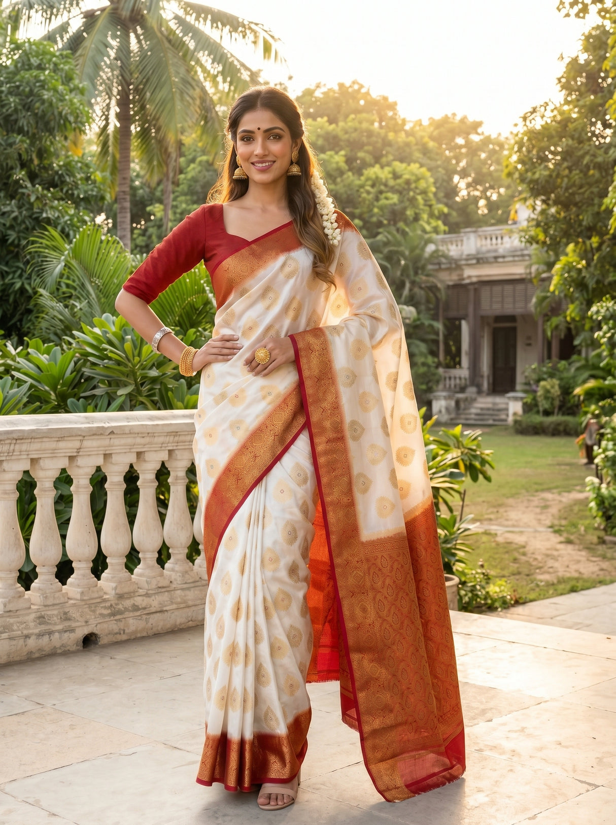 MIMOSA White Kanjivaram Saree — pose 4 styling detail