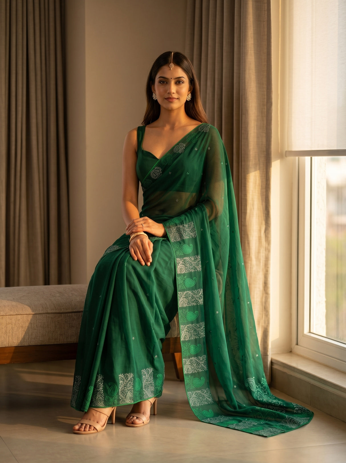 MIMOSA Bottle Green Saree Saree — pose 8 styling detail