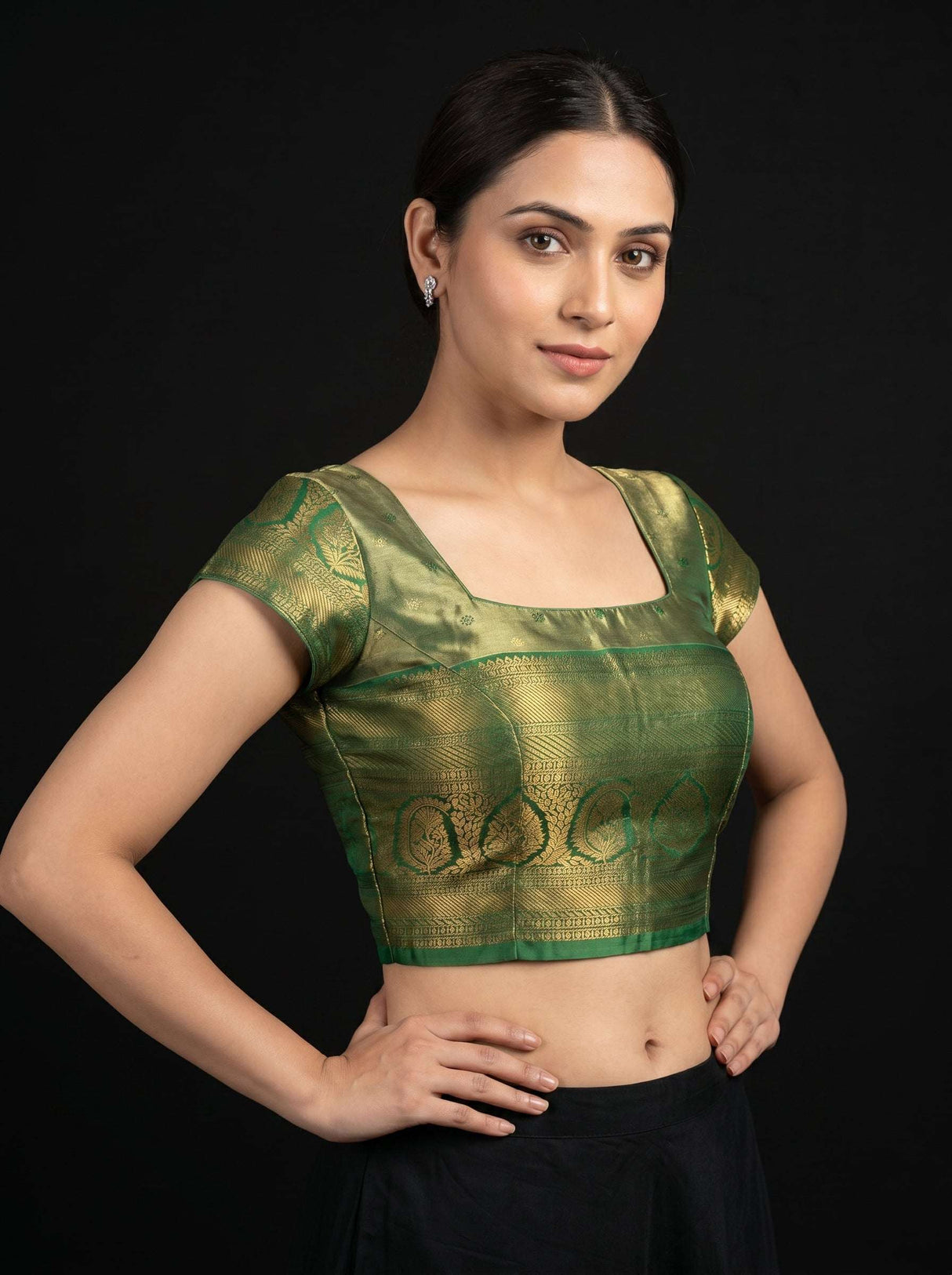 MIMOSA Olive Kanjivaram Art Silk Saree — blouse close-up
