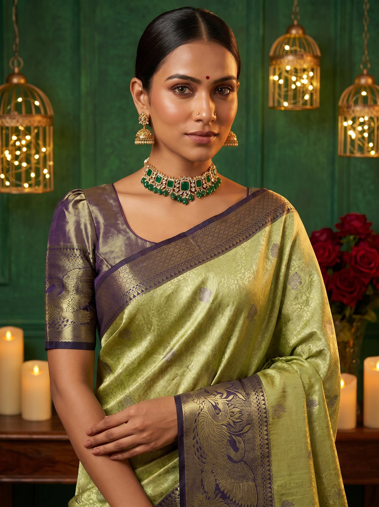 MIMOSA Olive Kanjivaram Art Silk Saree β pose 10 styling detail
