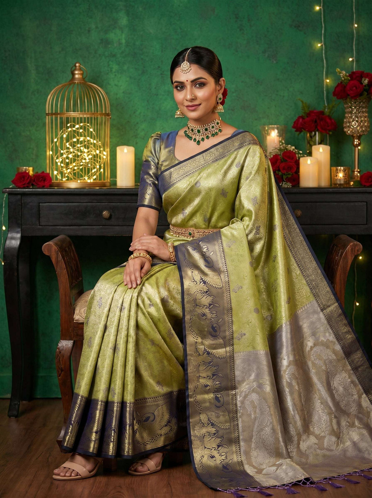 MIMOSA Olive Kanjivaram Art Silk Saree — pose 8 styling detail