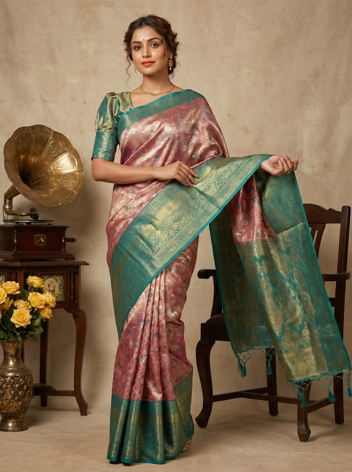 MIMOSA Gajari Kanjivaram Saree β Full View on Model