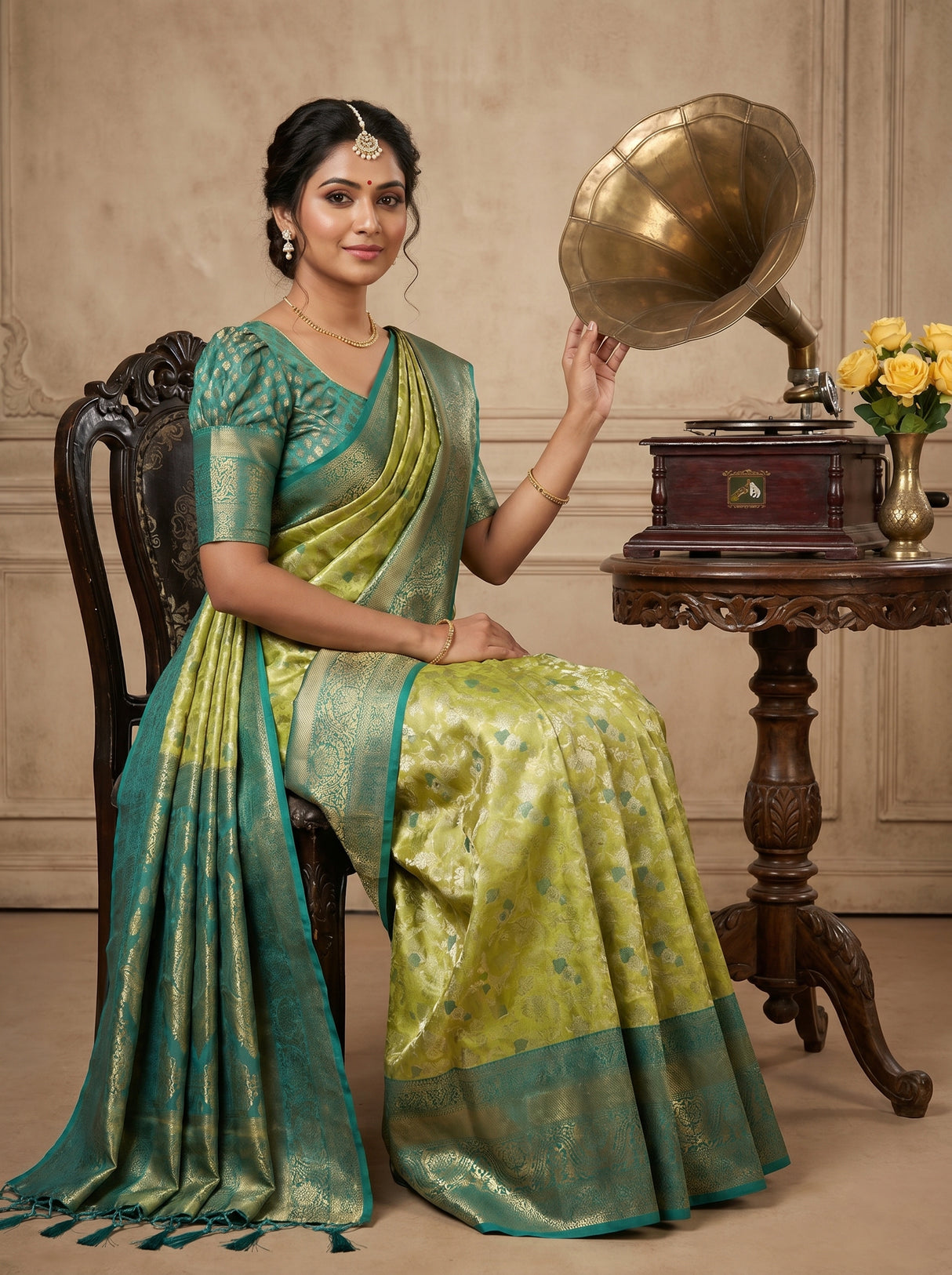 MIMOSA Olive Kanjivaram Saree β Full View on Model