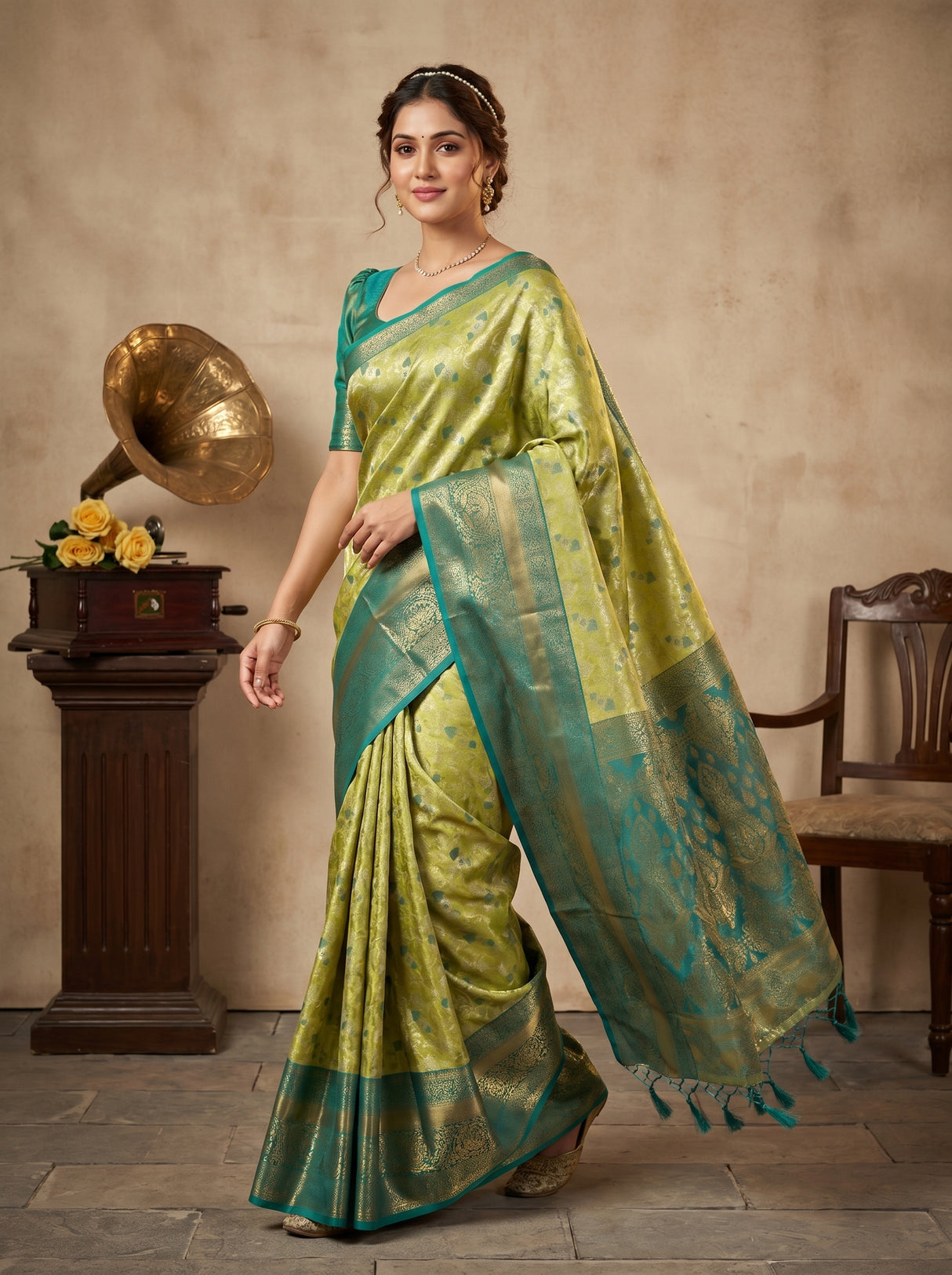 MIMOSA Olive Kanjivaram Art Silk Saree β pose 7 styling detail