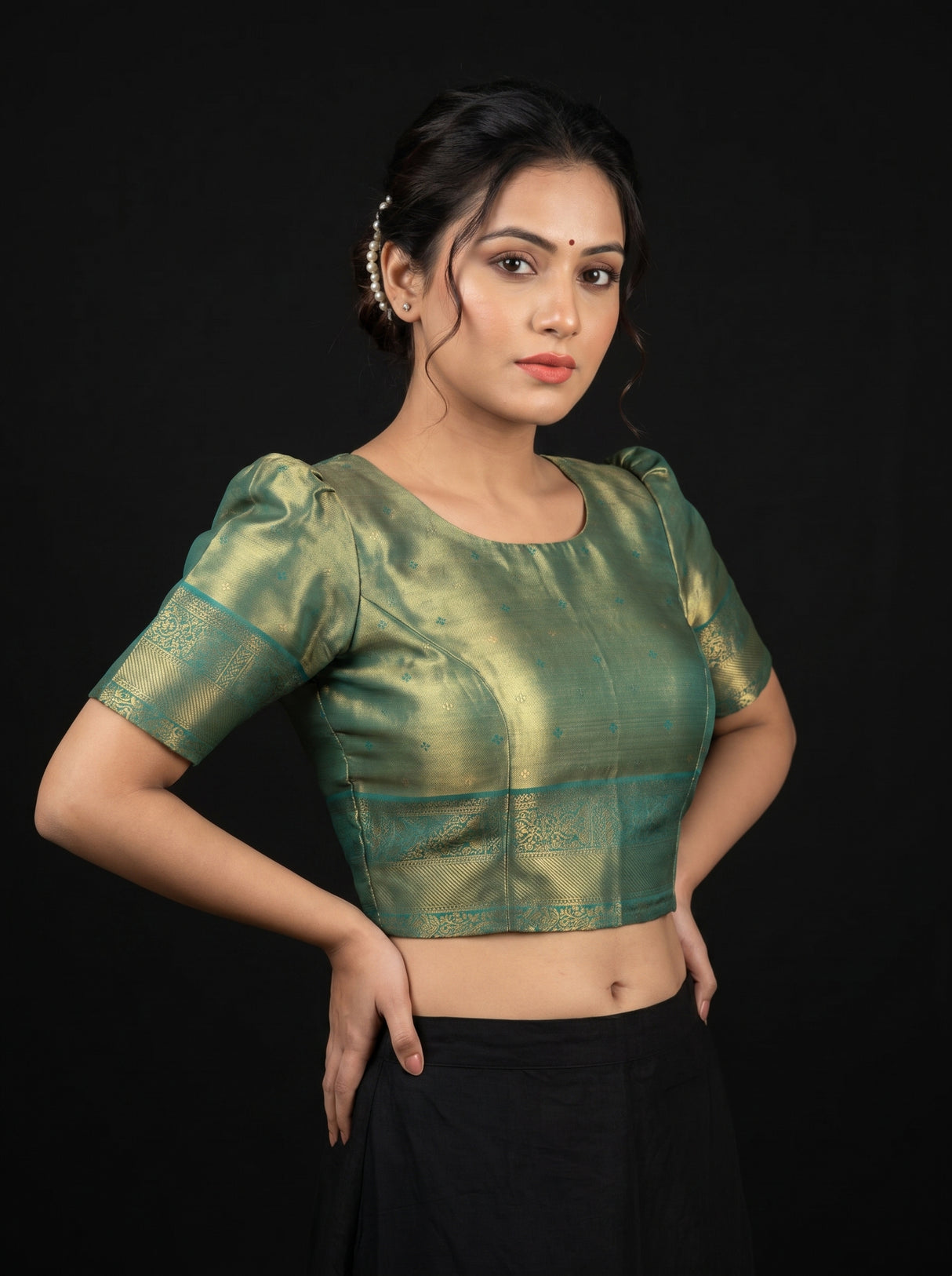 MIMOSA Olive Kanjivaram Art Silk Saree β blouse close-up