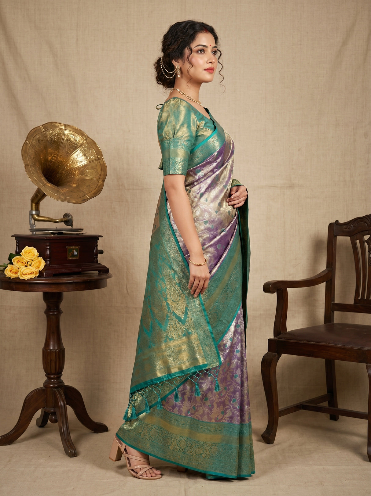 MIMOSA Violet Kanjivaram Saree β Full View on Model