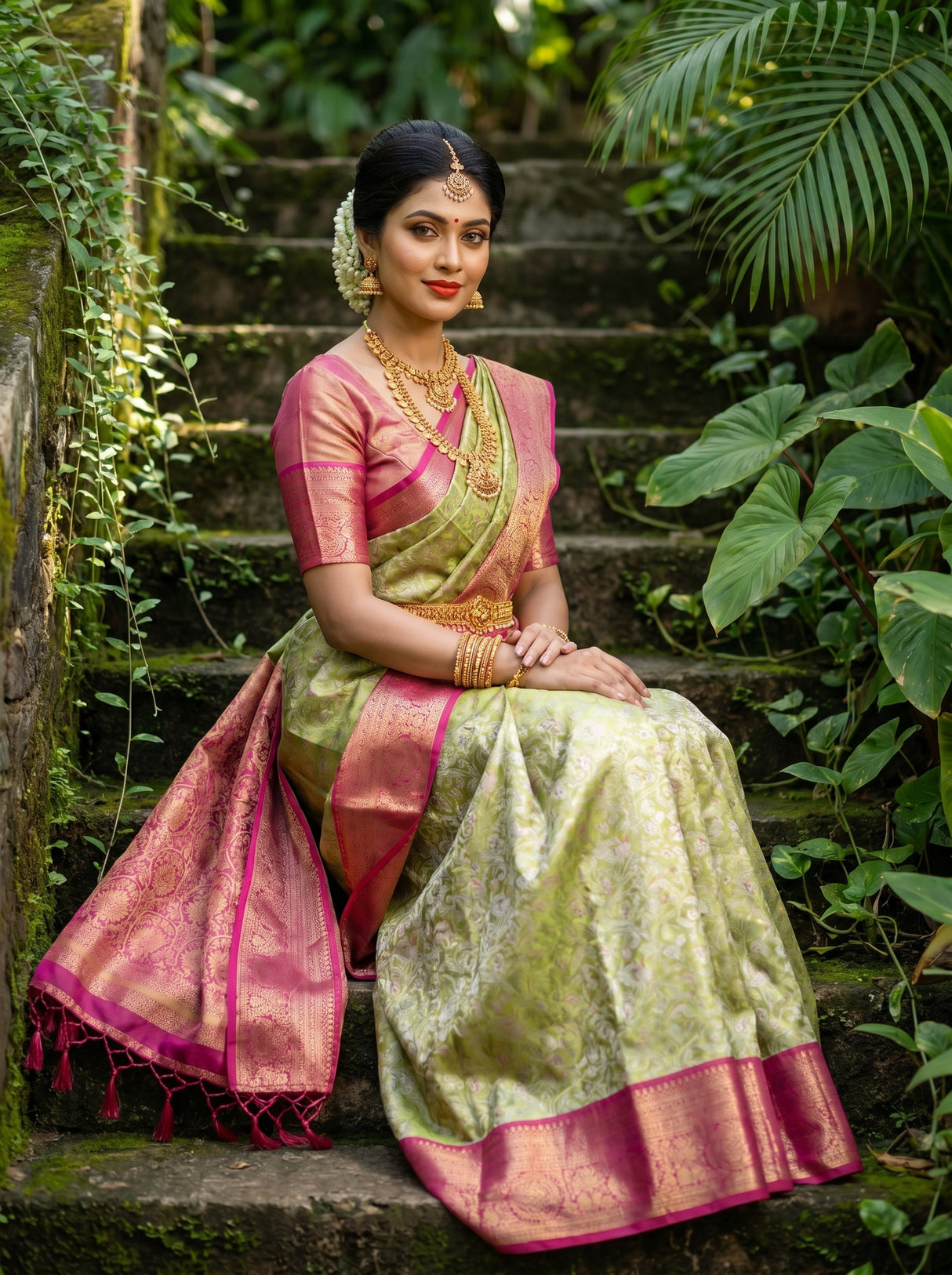 MIMOSA Olive Kanjivaram Art Silk Saree β pose 7 styling detail