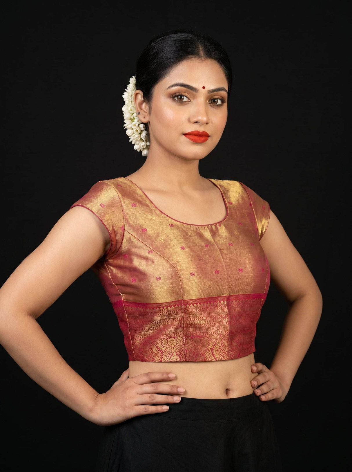 MIMOSA Orange Kanjivaram Art Silk Saree — blouse close-up