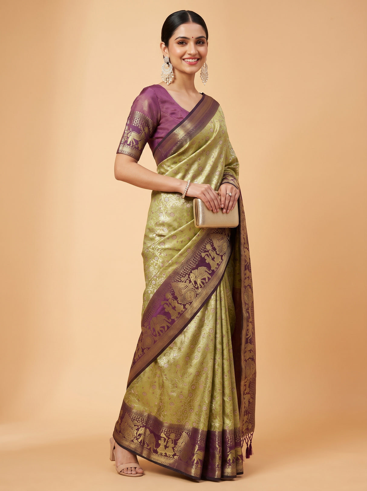 MIMOSA Olive Kanjivaram Art Silk Saree β Model posing full length