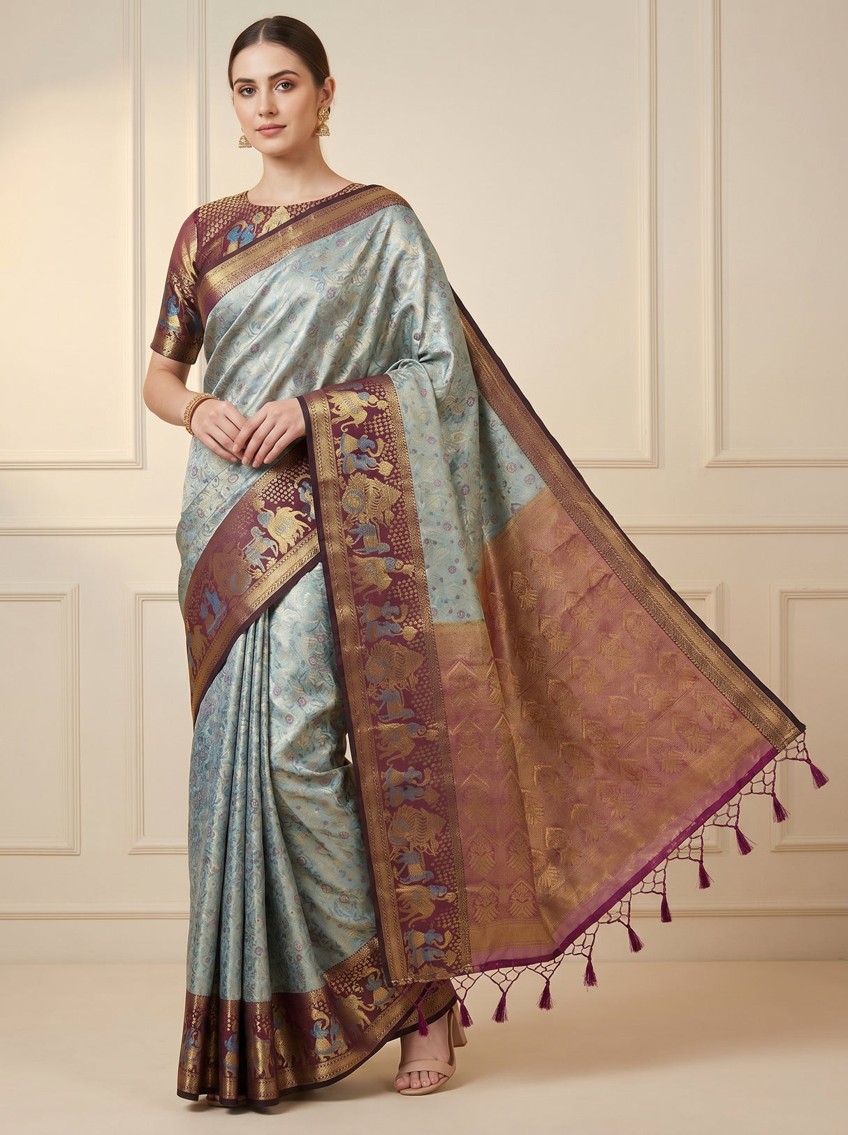 MIMOSA Saffire Kanjivaram Art Silk Saree β Mannequin draped view showing pallu and border