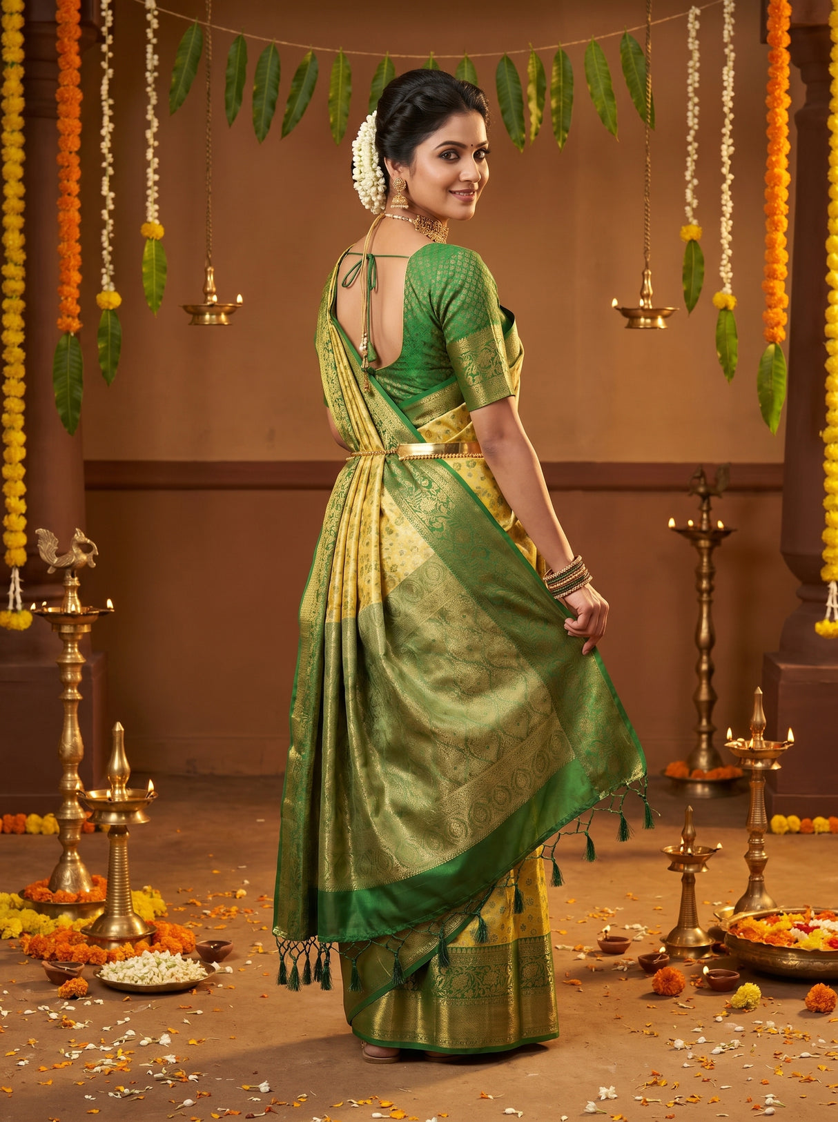 MIMOSA Gold Kanjivaram Art Silk Saree β pose 9 styling detail