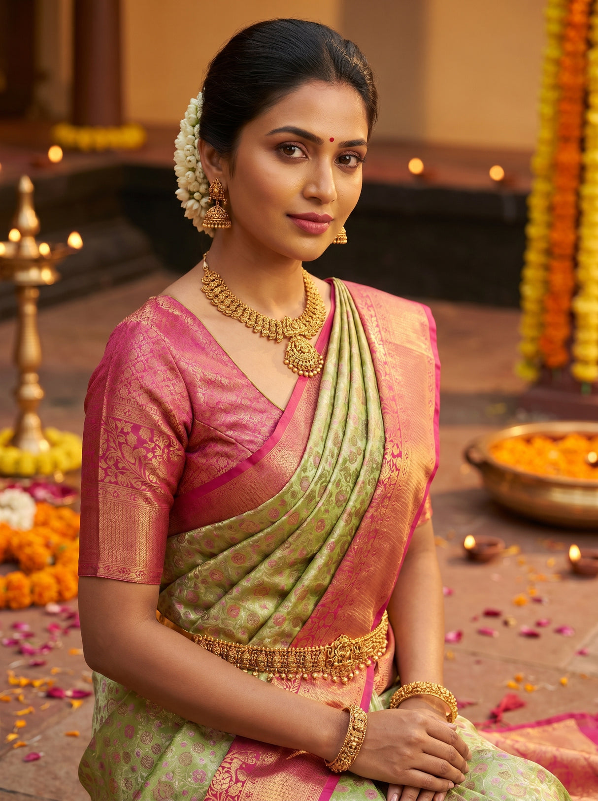 MIMOSA Green Kanjivaram Art Silk Saree β pose 10 styling detail