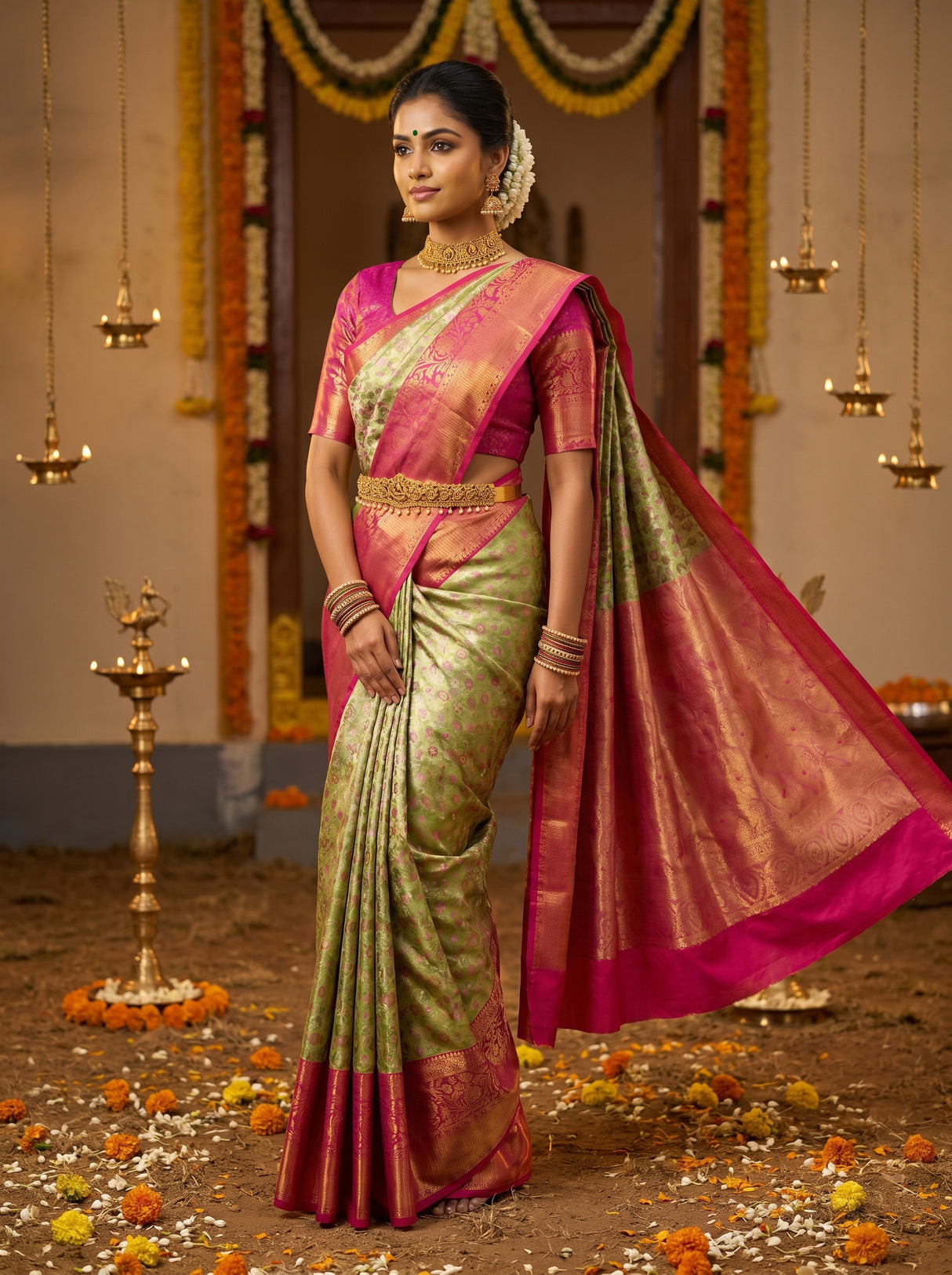 MIMOSA Green Kanjivaram Art Silk Saree β Styled Model View