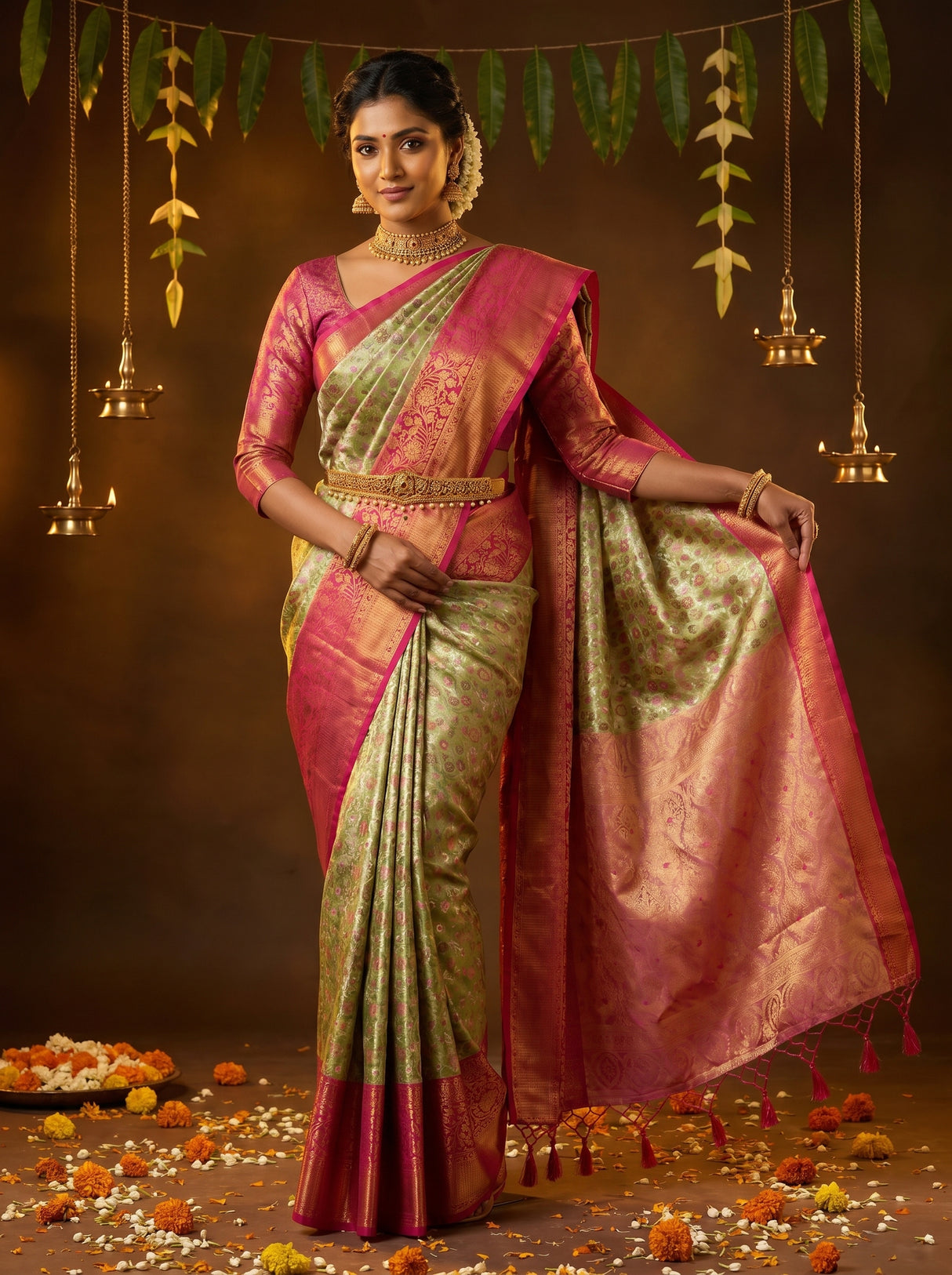 MIMOSA Green Kanjivaram Art Silk Saree β pose 6 styling detail