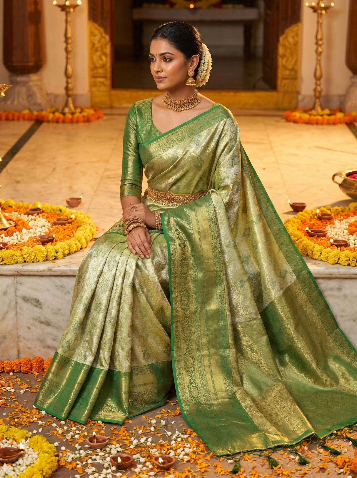 MIMOSA Olive Kanjivaram Art Silk Saree — pose 8 styling detail