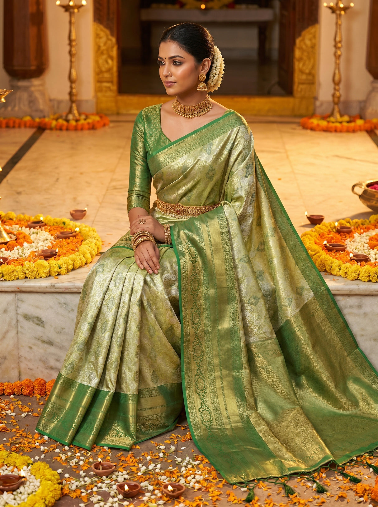 MIMOSA Olive Kanjivaram Art Silk Saree β pose 8 styling detail