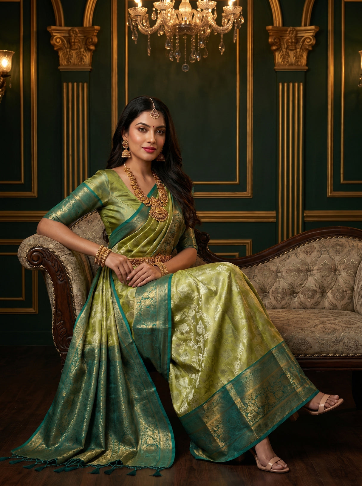 MIMOSA Olive Kanjivaram Art Silk Saree β pose 8 styling detail