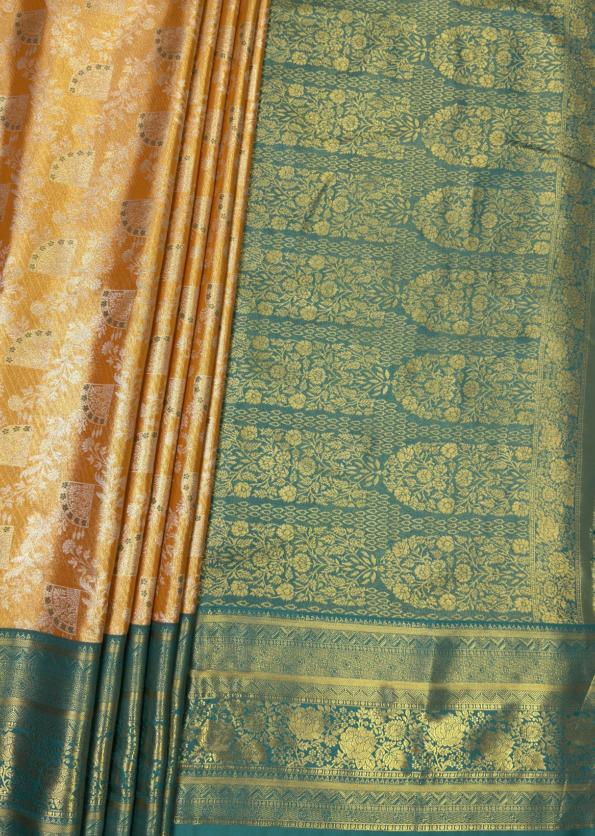 MIMOSA Orange Kanjivaram Art Silk Saree β pallu and zari work detail