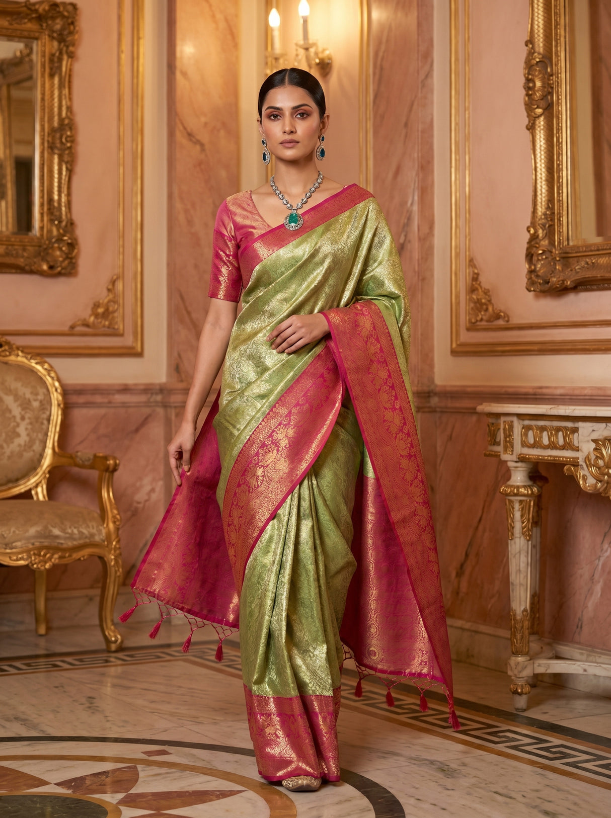 MIMOSA Olive Kanjivaram Art Silk Saree β pose 7 styling detail