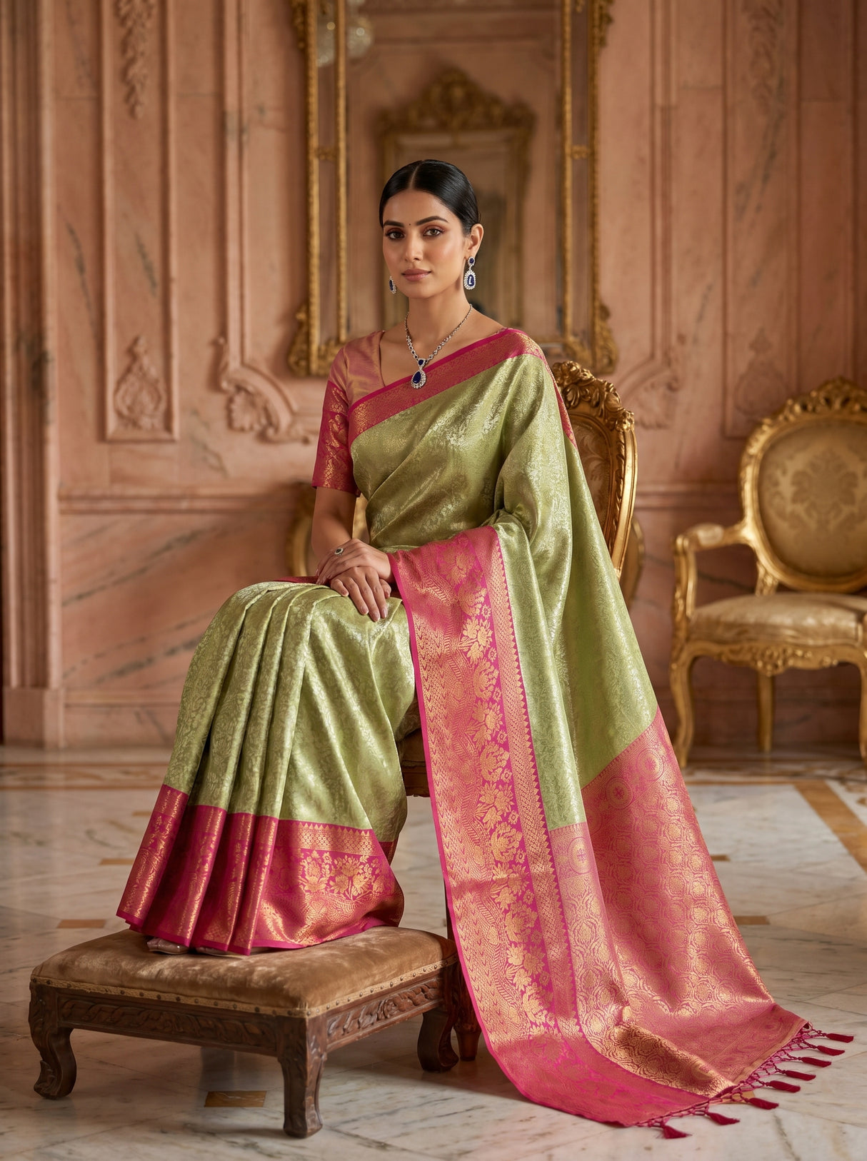 MIMOSA Olive Kanjivaram Art Silk Saree β pose 8 styling detail