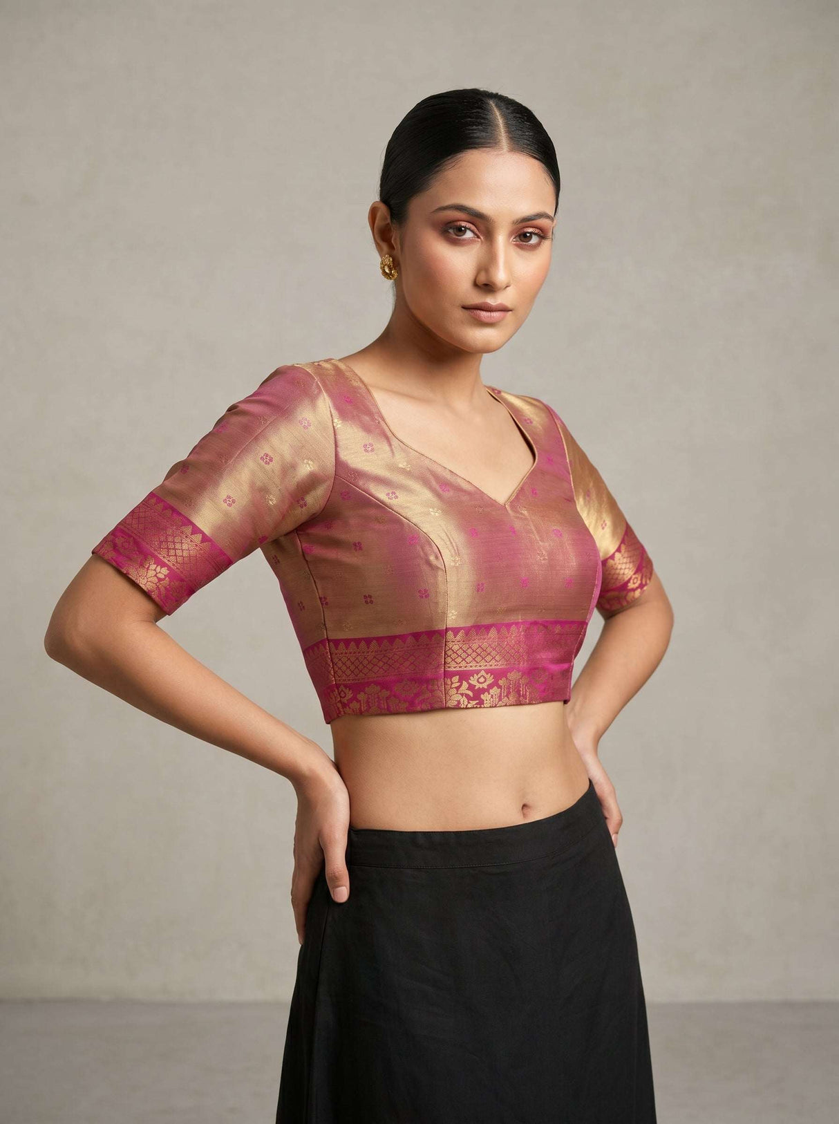 MIMOSA Olive Kanjivaram Art Silk Saree — blouse close-up
