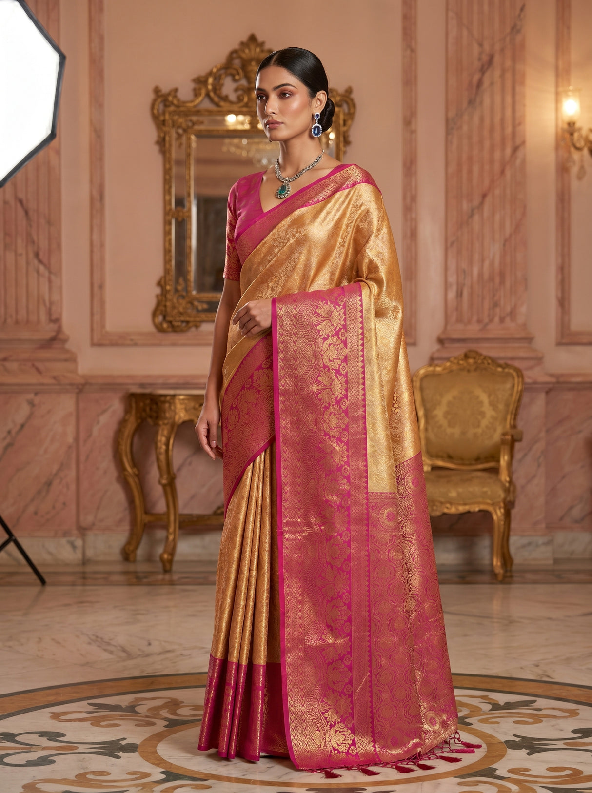 MIMOSA Orange Kanjivaram Art Silk Saree β pose 4 styling detail