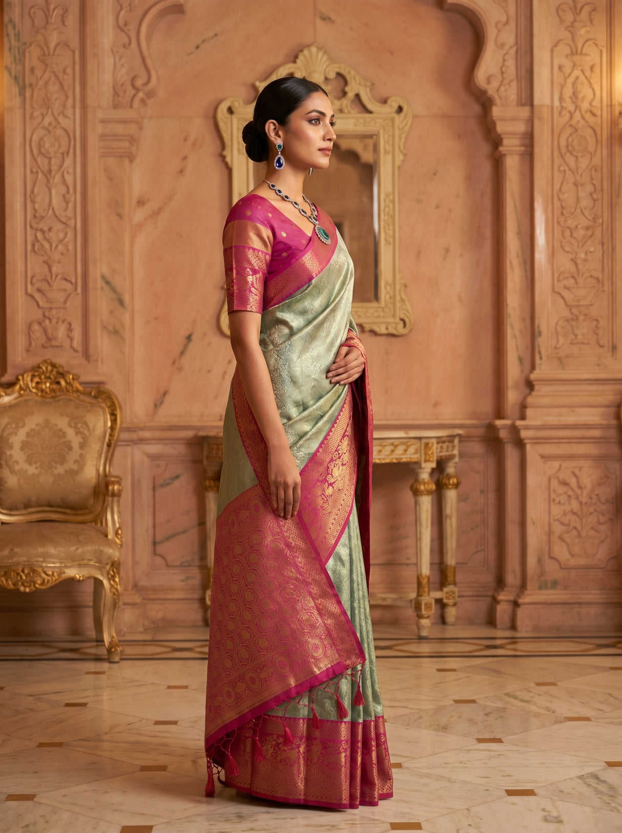 MIMOSA Saffire Kanjivaram Art Silk Saree β Full View on Model