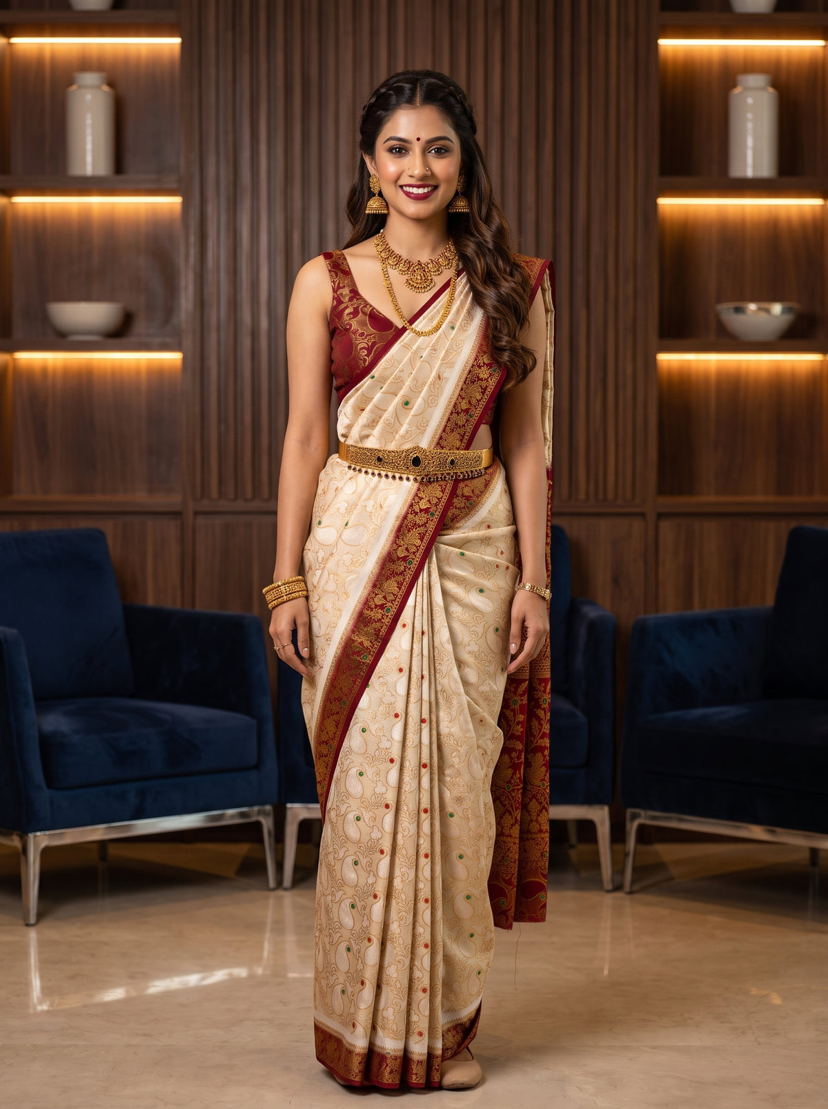 MIMOSA White Kanjivaram Saree — front view on mannequin