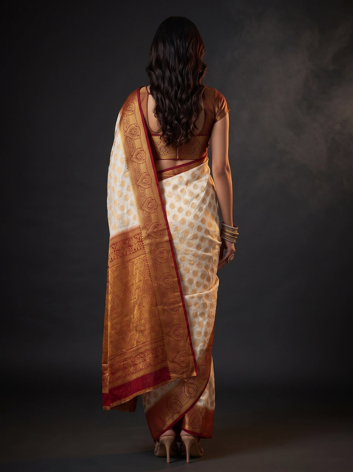 MIMOSA White Kanjivaram Art Silk Saree — Saree Pallu and Body Shot