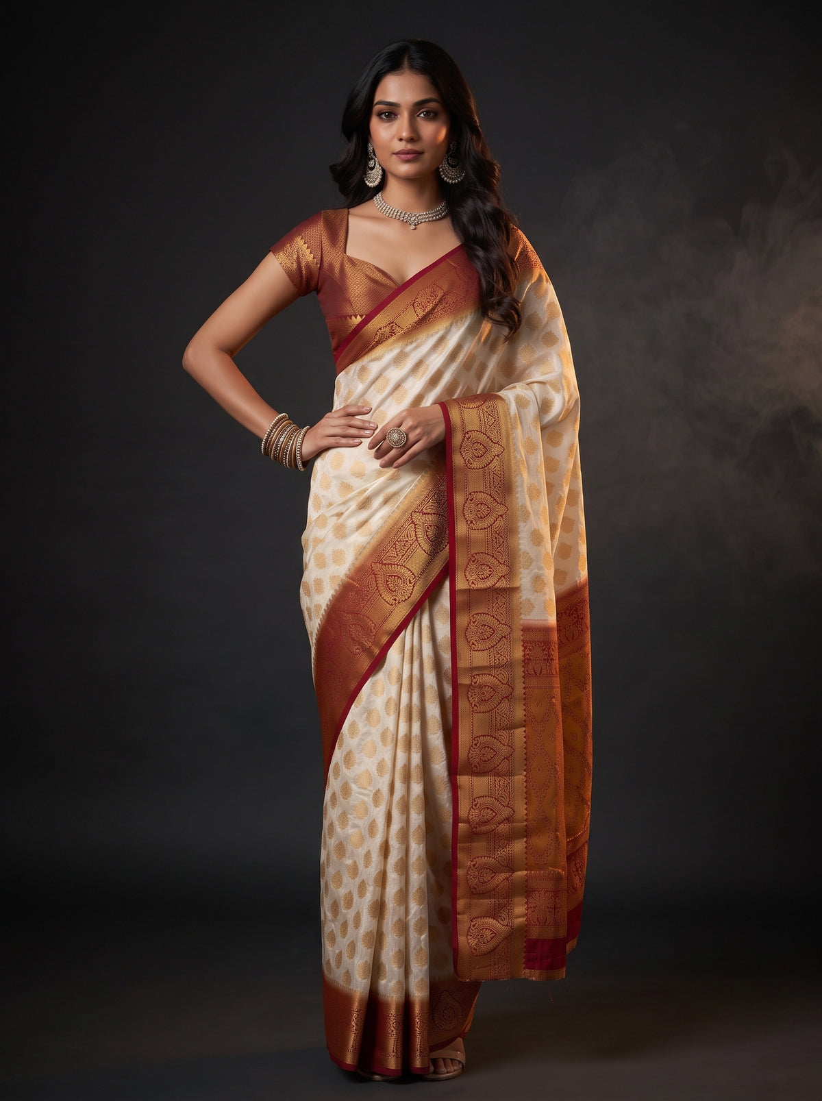 MIMOSA White Kanjivaram Art Silk Saree — pose 4 styling detail