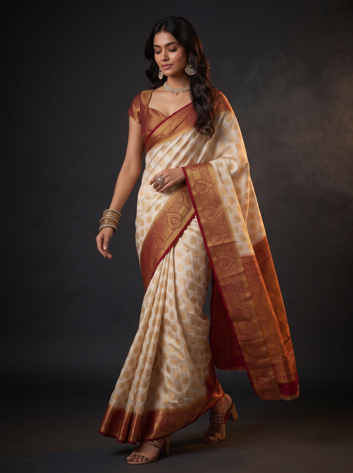 MIMOSA White Kanjivaram Art Silk Saree — pose 6 styling detail