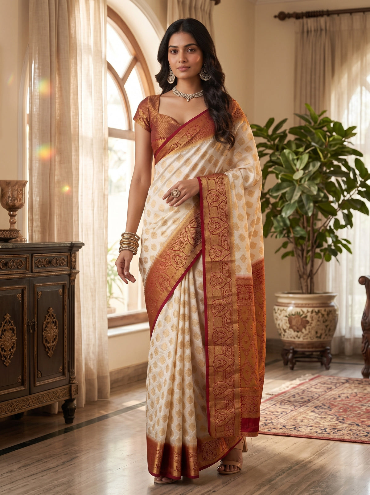 MIMOSA White Kanjivaram Art Silk Saree — pose 9 styling detail