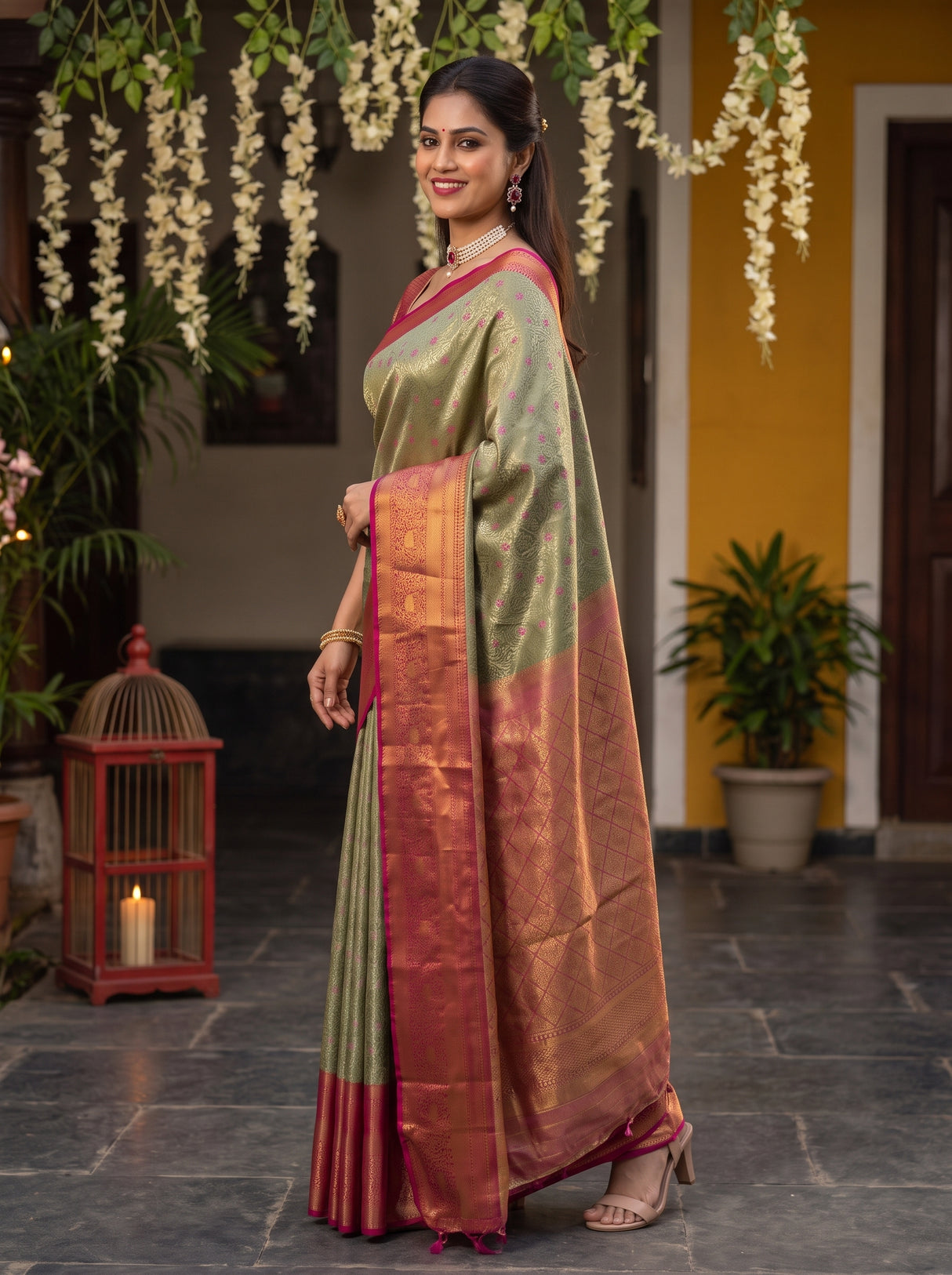 MIMOSA Green Kanjivaram Art Silk Saree — pose 5 styling detail