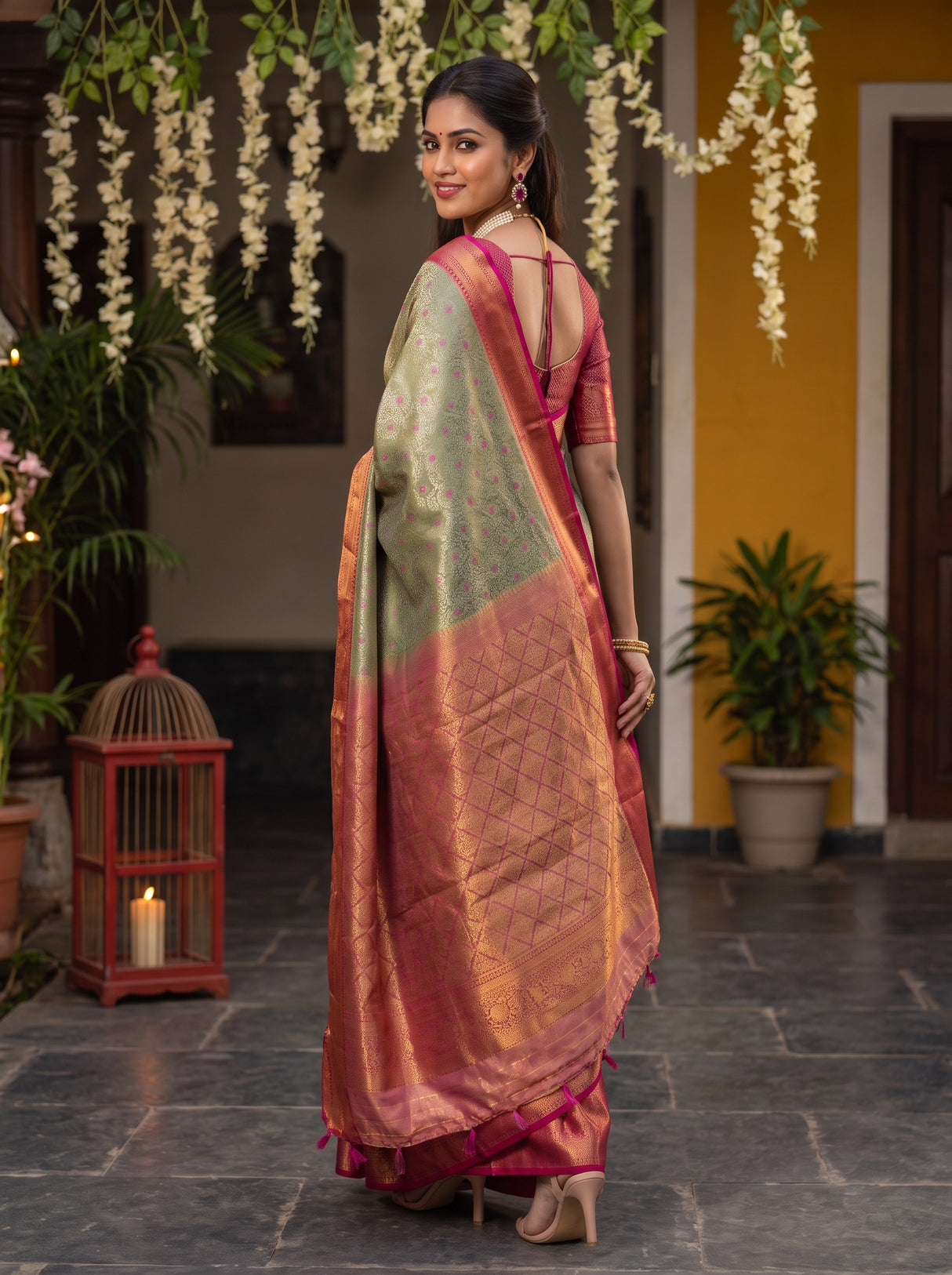 MIMOSA Green Kanjivaram Art Silk Saree — pose 7 styling detail