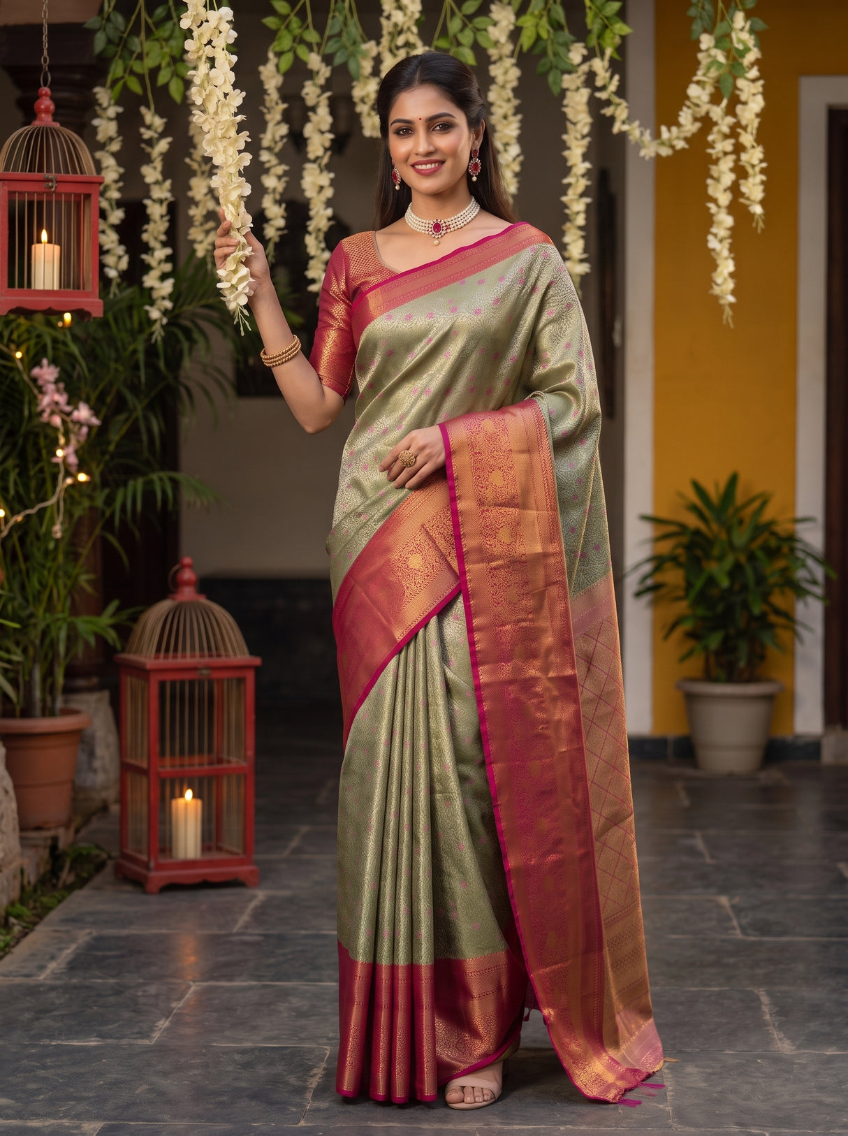 MIMOSA Green Kanjivaram Art Silk Saree — pose 9 styling detail