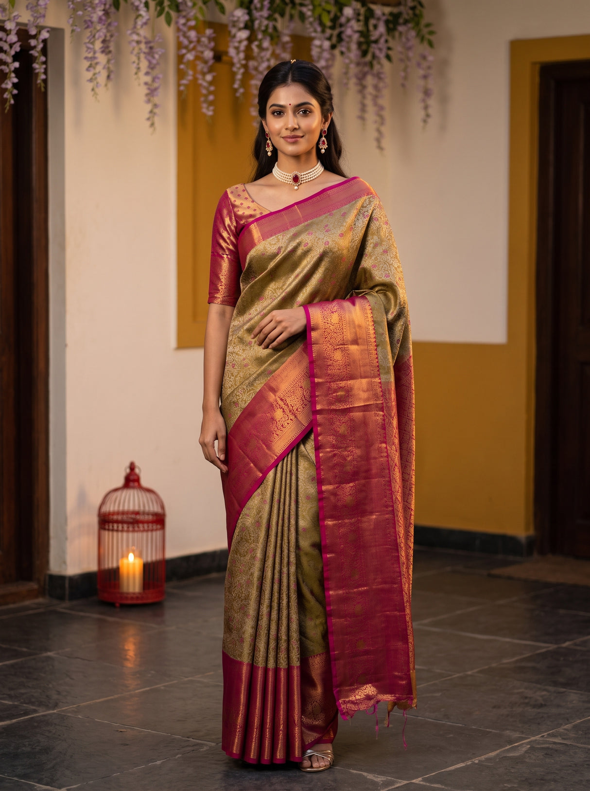 MIMOSA Maroon Kanjivaram Art Silk Saree — front view on mannequin
