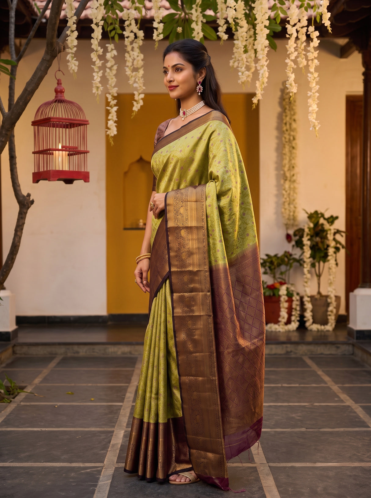 MIMOSA Olive Kanjivaram Art Silk Saree — pose 3 styling detail